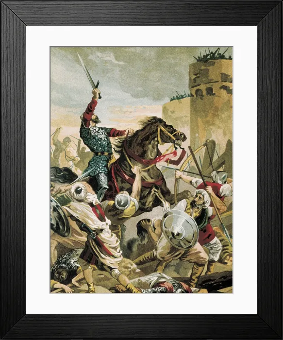 Framed Print : CID, Rodrigo Diaz de Vivar, called The (1043-1099). Castilian knight. The Cid at the siege of Valencia fighting against the Saracens. Drawing. - J Framed Print : CID, Rodrigo Diaz de Vivar, called The (1043-1099). Castilian knight. The Cid at the siege of Valencia fighting against the Saracens. Drawing. - J