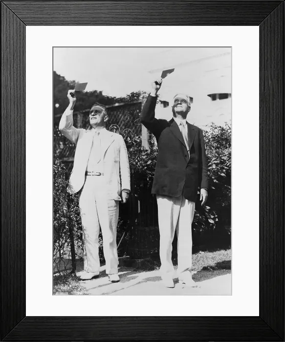 Framed Print : President Herbert Hoover and Lawrence Richey watching a solar eclipse through smoked glass. Aug. 31, 1932 Framed Print : President Herbert Hoover and Lawrence Richey watching a solar eclipse through smoked glass. Aug. 31, 1932