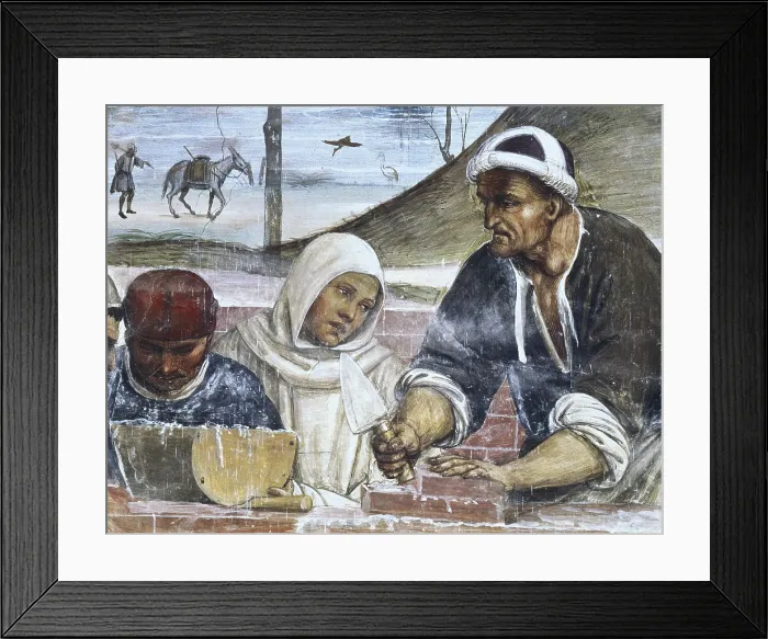 Framed Print : SIGNORELLI, Luca (1445-1523). The Life of St. Benedict. ITALY. SIENA. Abbey of Monte Oliveto Maggiore. Detail of bricklayers. Renaissance art. Quattrocento. Fresco