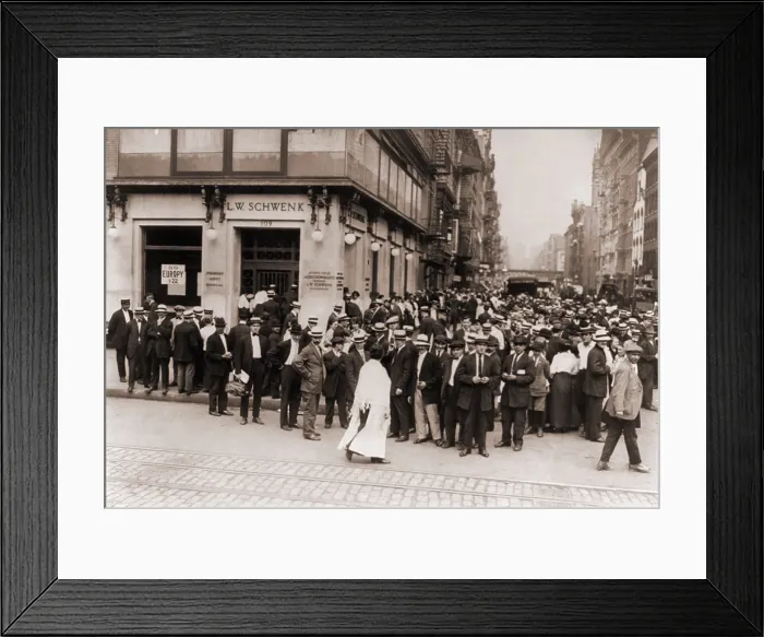 Framed Print : Crowds making a run on the L.W. Scwenk Bank, on New York City's Lower East Side in July 1914 Framed Print : Crowds making a run on the L.W. Scwenk Bank, on New York City's Lower East Side in July 1914