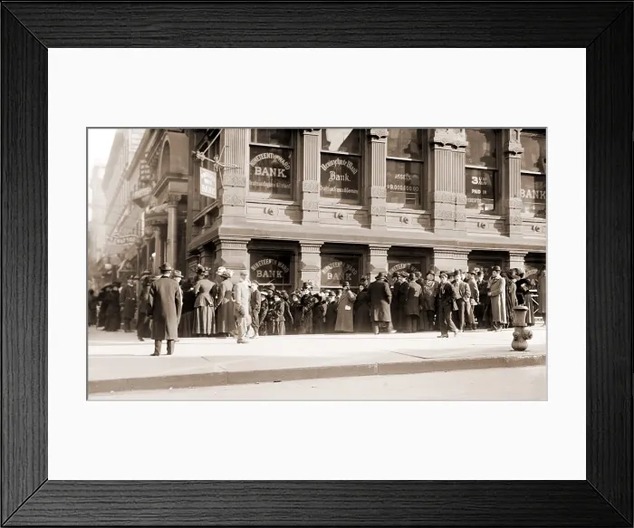 Framed Print : A long line of depositors line up in a run on a New York City bank. The Nineteenth Ward Bank boasted $9 million in deposits and paid 3.5 % interest on savings deposits. Ca Framed Print : A long line of depositors line up in a run on a New York City bank. The Nineteenth Ward Bank boasted $9 million in deposits and paid 3.5 % interest on savings deposits. Ca