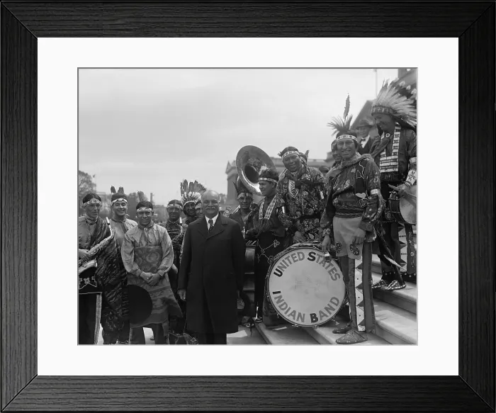 Framed Print : Vice President Charles Curtis on the Capitol steps with the United States Indian Band. April 26, 1929