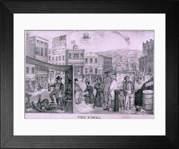 Framed Print : The Times depicts the impact of the financial Panic of 1837. Rich detail show a bank run, homeless women and child, unemployed men, closed factory, and sheriff's auction