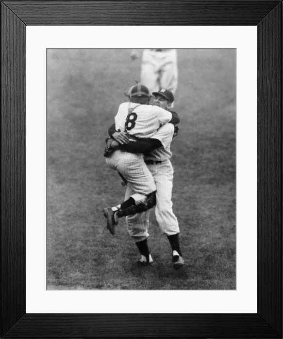 Framed Print : Yogi Berra and Don Larsen celebrate the Yankee pitcher's perfect World Series game. Oct. 8, 1956. New York Yankees won the 1956 World Series against the Brooklyn Dodgers