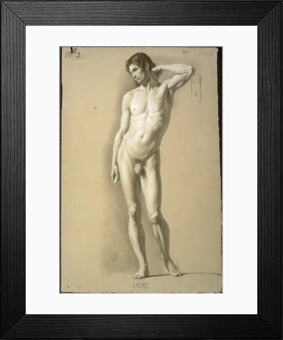 Framed Print : Male Nude Standing (nudo virile in piedi), by Carlo Picozzi, 1820, 19th Century, charcoal and white lead on paper - Italy, Lombardy, Milan, Brera Accademy of Fine Arts