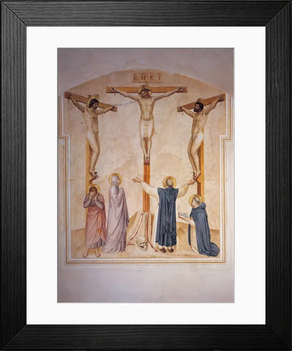 Framed Print : The Crucifixion, by Guido di Pietro (Piero) known as Beato Angelico, 1438 - 1446 about, 15th Century, fresco, - Italy, Tuscany, Florence, San Marco Convent Framed Print : The Crucifixion, by Guido di Pietro (Piero) known as Beato Angelico, 1438 - 1446 about, 15th Century, fresco, - Italy, Tuscany, Florence, San Marco Convent