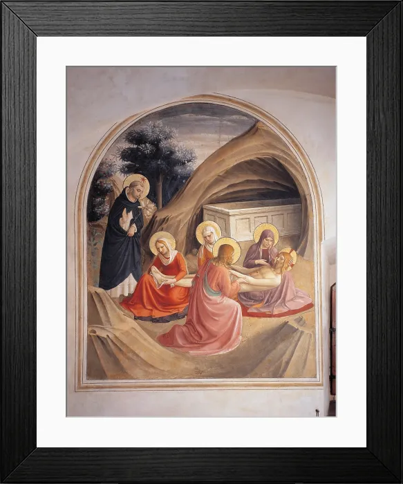 Framed Print : The Mourning over the Dead Christ, by Guido di Pietro (Piero) known as Beato Angelico, 1438 - 1446 about, 15th Century, curved fresco, cm 204 x 165 - Italy, Tuscany, Florence