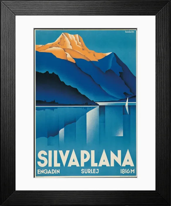 Framed Print : Poster for Silvaplana, by Johannes Handschin, 1934, 20th Century, print, - private collection. All. Advertising poster Switzerland Silvaplana Engadina mountain blue lake