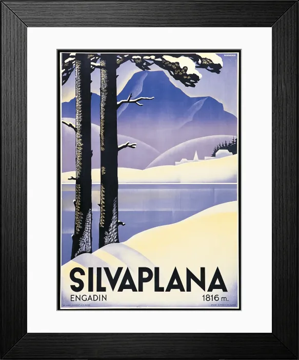Framed Print : Advertising poster Silvaplana, by Johannes Handschin, 1935, 20th Century, print, - private collection. Advertising poster lake Silvaplana Engadine trees snow blue purple