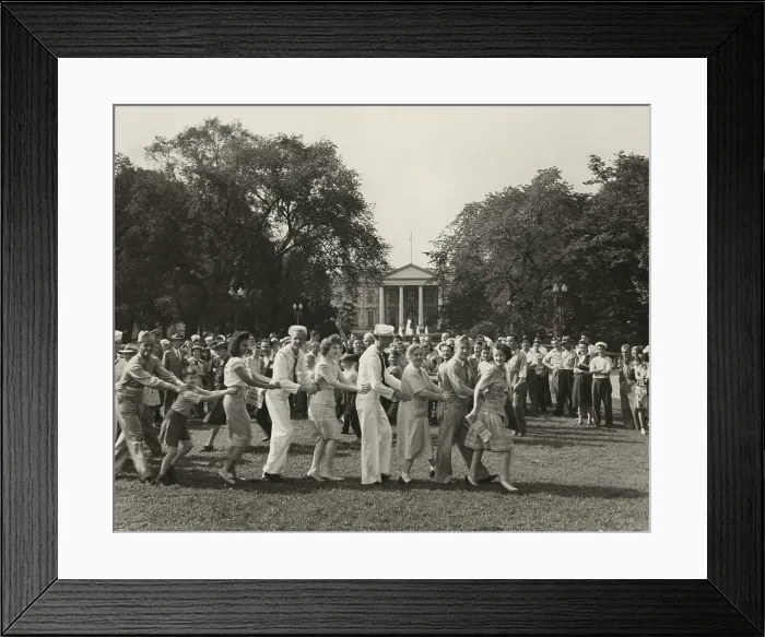 Framed Print : Jubilant V-J day crowd dancing on the White House lawn. Americans celebrated the announcement of Japan's surrender on August 15, 1945