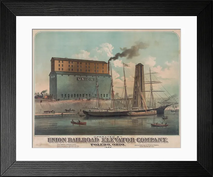 Framed Print : Many modes of transport meet at the Toledo, Ohio grain elevators in 1882