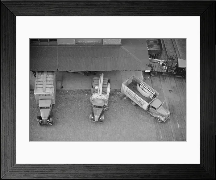 Framed Print : Overhead view of trucks loading at farm implement warehouse, Minneapolis, Minnesota, 1939 Framed Print : Overhead view of trucks loading at farm implement warehouse, Minneapolis, Minnesota, 1939