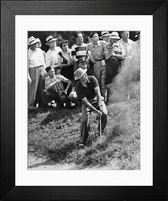 Framed Print : Sam Snead makes an iron shot from the side of a sand trap. Snead won the National PGA championship over Johnny Palmer. Richmond, Virginia. May 31, 1949. - (BSLOC_2014_17_181)