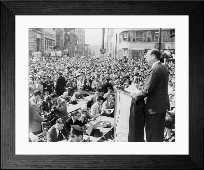 Framed Print : 1956 Democratic Presidential nominee Adlai Stevenson, speaking to a crowd at Paterson, New Jersey Framed Print : 1956 Democratic Presidential nominee Adlai Stevenson, speaking to a crowd at Paterson, New Jersey