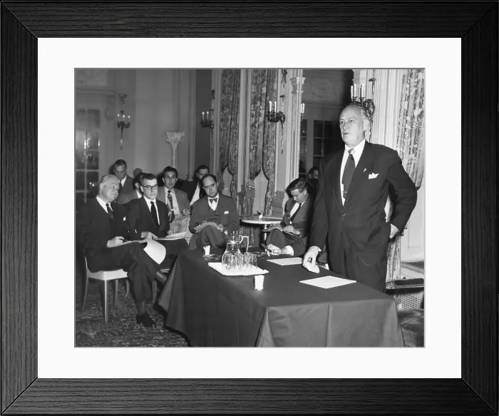 Framed Print : Conrad Hilton, announces the purchase of controlling interest in the Hotel Waldorf-Astoria. Oct. 12, 1949
