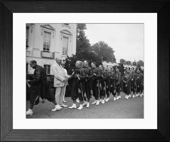 Framed Print : President Warren Harding greets the Aladdin Shriners of Columbus, Ohio, June 6, 1923. The Aladdins were a masonic fraternal group styled with Orientalist titles and costumes