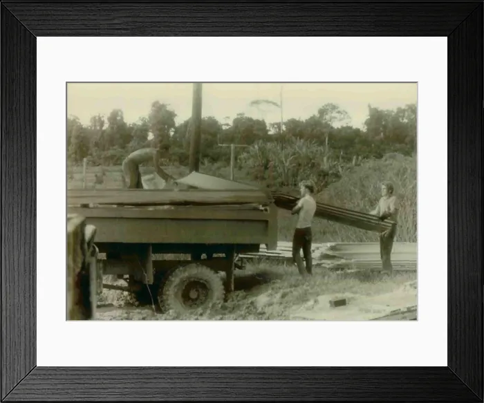 Framed Print : Construction Workers and Bobby Stroud (middle) and others unloading a truck. People's Temple Agricultural Project. Jonestown, Guyana. Nov. 1978 Framed Print : Construction Workers and Bobby Stroud (middle) and others unloading a truck. People's Temple Agricultural Project. Jonestown, Guyana. Nov. 1978