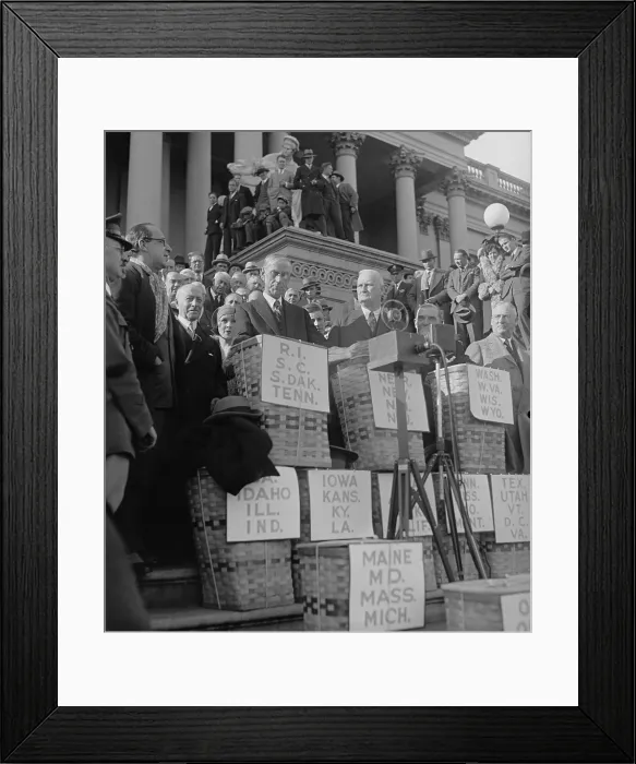 Framed Print : Basket containing huge petitions for reduction of Federal Income Tax in Dec. 1929. The petitions was received by Chairmen of the House and Senate Finance Committees, Rep Framed Print : Basket containing huge petitions for reduction of Federal Income Tax in Dec. 1929. The petitions was received by Chairmen of the House and Senate Finance Committees, Rep