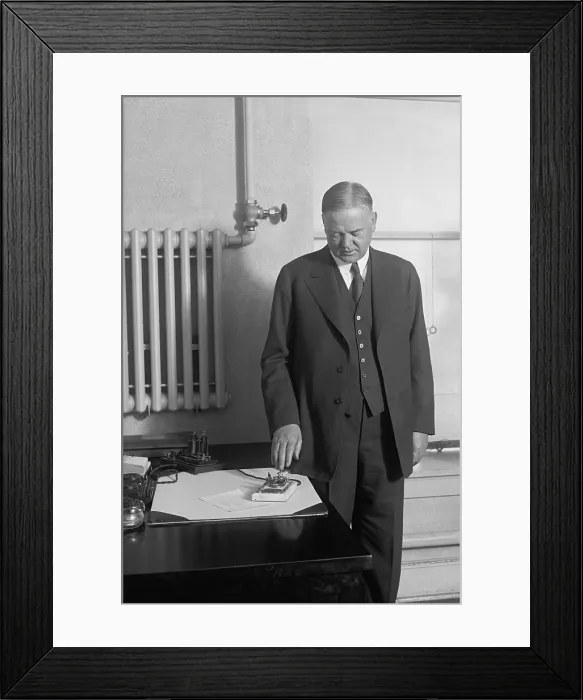 Framed Print : From the White House, President Herbert Hoover presses button to start machinery in new Detroit Times Building. Dec. 6, 1929