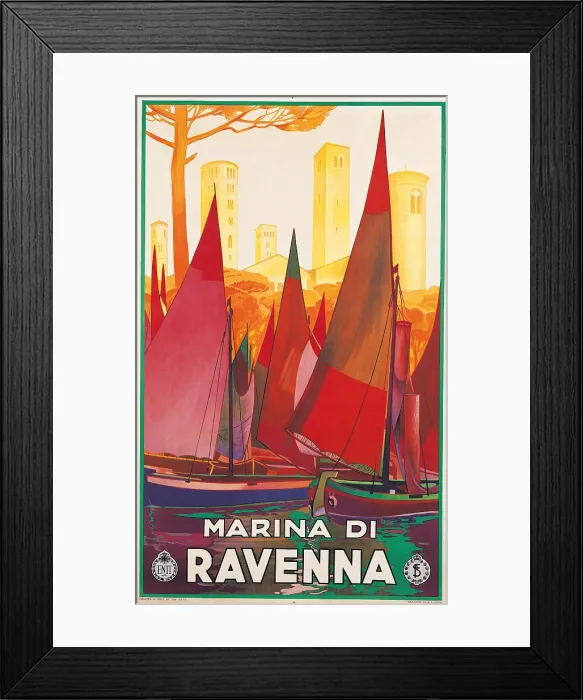 Framed Print : Advertising poster for Marina di Ravenna, by Unknown Artist, 20th Century, print, - private collection. Advertising poster Marina di Ravenna towers sails boats red sea