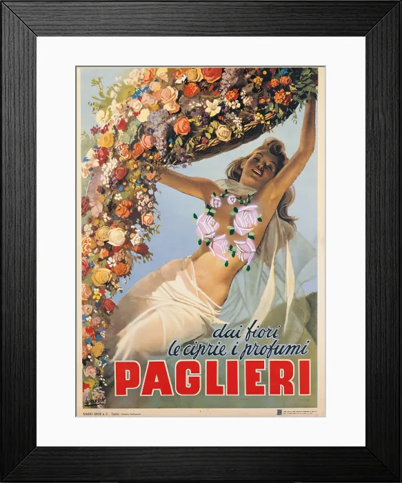 Framed Print : Advertising poster dai fiori le ciprie i profumi Paglieri, by Gino Boccasile, 1946, 20th Century, print, cm 140 x 100 - private collection