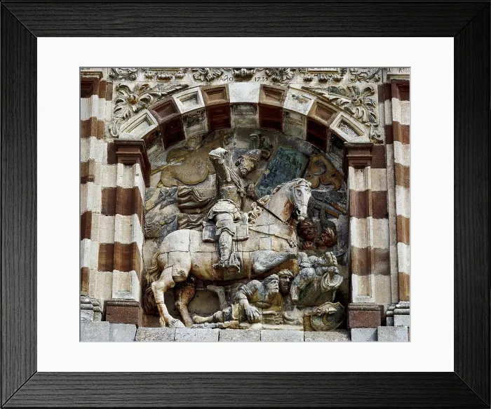 Framed Print : CID, Rodrigo Diaz de Vivar, called The (1043-1099). Castilian knight. Front door of the monastery depicting The Cid on his horse Babieca fighting against the Sarracens