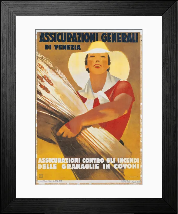 Framed Print : Assicurazioni Generali di Venezia (against sheaf wheat fires), by Marcello Dudovich, 20th Century, print, - private collection Framed Print : Assicurazioni Generali di Venezia (against sheaf wheat fires), by Marcello Dudovich, 20th Century, print, - private collection