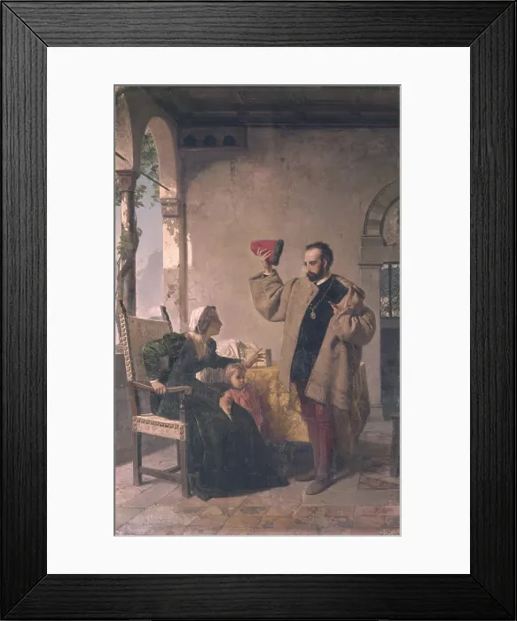 Framed Print : Tasso Goes to His Sister in Sorrento (Il Tasso si presenta alla sorella a Sorrento), by Alessandro Focosi, 1864, 19th Century, oil on canvas - Whole artwork view
