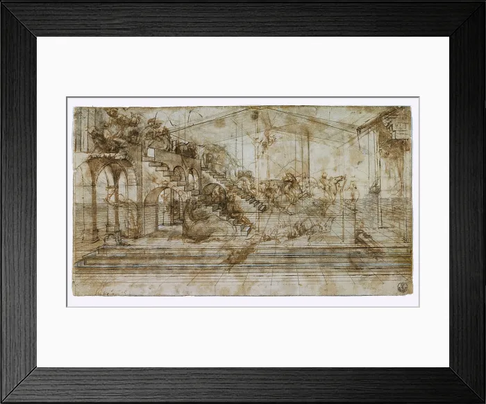 Framed Print : Prospective study for the Adoration of the Magi, by Leonardo da Vinci, 15th Century, 1481, pen, sepia and white paint on white paper, - Italy, Tuscany, Florence, Uffizi Gallery