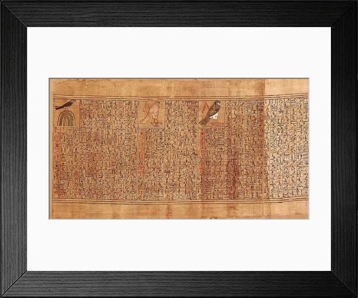 Framed Print : Book of the Dead or Papyrus of Any. ca. 1275 BC. 19th Dynasty. Representation of Ani as a swallow, as a golden falcon annd as a divine falcon. Egyptian art. New Kingdom. Painting