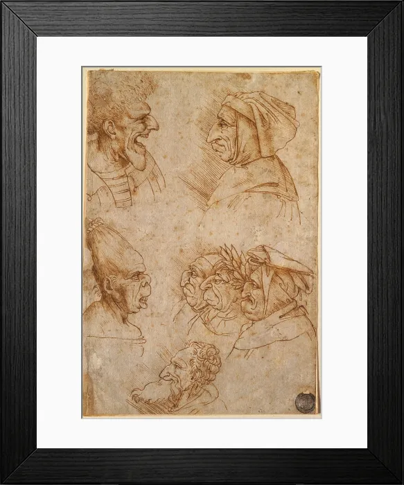 Framed Print : Seven caricature faces, by school of Leonardo da Vinci and copy from Leonardo da Vinci, 16th Century, pen and brown ink on white paper, cm 18 x 12 - Italy, Veneto, Venice