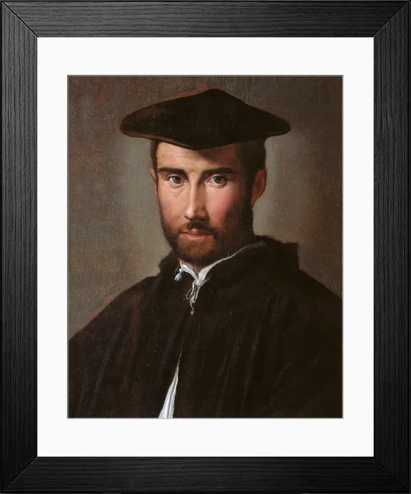 Framed Print : Portrait of a Man (Portrait of a Clergyman), by Francesco Mazzola known as Parmigianino, 1526 about, 16th Century, oil on panel, cm 52 x 42 - Italy, Lazio, Rome, Borghese Gallery