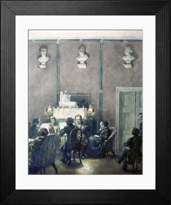 Framed Print : Musical evening at the house of Bettina Brentano, by Carl Johann Arnold, 1856, 19th Century, watercolour - Germany, Frankfurt, Goethemuseum. Whole artwork view Framed Print : Musical evening at the house of Bettina Brentano, by Carl Johann Arnold, 1856, 19th Century, watercolour - Germany, Frankfurt, Goethemuseum. Whole artwork view