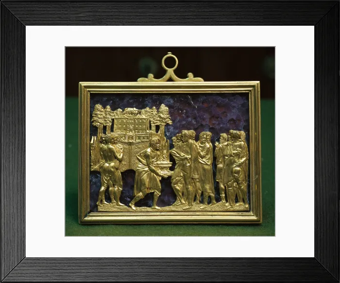 Framed Print : Giambologna shows the model of a fountain for the villa Pratolino, by from Jean de Boulogne known Giambologna, 16th Century, bas-relief in gold foil on the bottom of amethyst Framed Print : Giambologna shows the model of a fountain for the villa Pratolino, by from Jean de Boulogne known Giambologna, 16th Century, bas-relief in gold foil on the bottom of amethyst