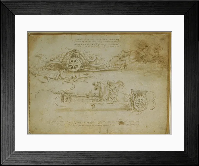 Framed Print : Studies of assault wagons fitted with scythes, by Leonardo da Vinci, 15th Century, 1482 -1485 about, watercolor pen and brown ink with traces of metal tip, mm 210 x 292 - Italy Framed Print : Studies of assault wagons fitted with scythes, by Leonardo da Vinci, 15th Century, 1482 -1485 about, watercolor pen and brown ink with traces of metal tip, mm 210 x 292 - Italy