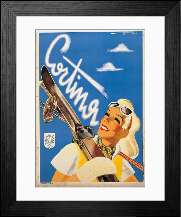 Framed Print : Poster Advertising Cortina dAmpezzo, by Franz Lenhart, 1947, 20th Century, print, cm 110 x 70 - Private Collection Framed Print : Poster Advertising Cortina dAmpezzo, by Franz Lenhart, 1947, 20th Century, print, cm 110 x 70 - Private Collection