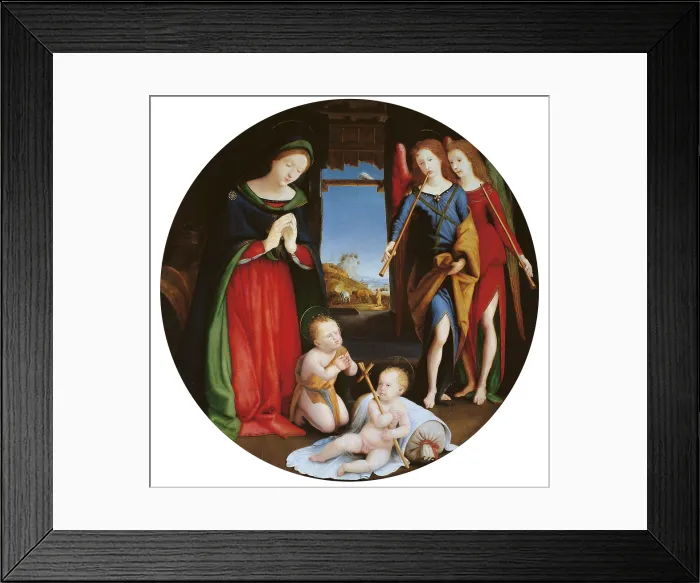 Framed Print : Adoration of the Holy Child, by Piero di Lorenzo known as Piero di Cosimo, 1500 - 1530 about, 16th Century, tempera on panel, cm 20 cm - Italy, Lazio, Rome, Borghese Gallery. All