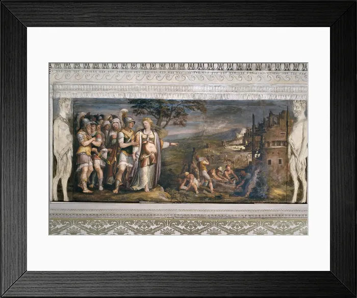 Framed Print : Aeneas and Dido Witness the Building of Carthage, by Anonymous artist, 16th Century, 1550 about, fresco, - Italy, Lazio, Rome, Palazzo Spada, Enea Room. All