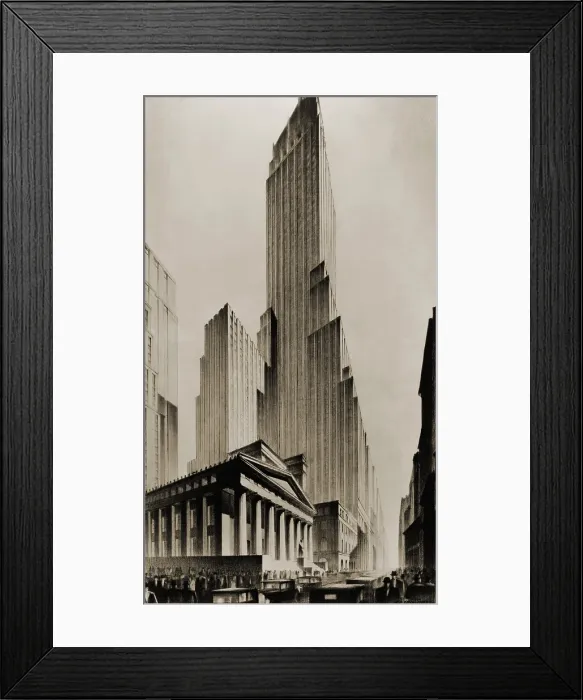 Framed Print : TEMPLES OF COMMERCE, an illustration of Federal Hall, a landmark historical building in Manhattan's Financial District, juxtaposed with imaginary futuristic skyscrapers