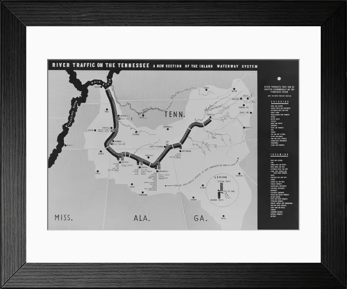 Framed Print : Map diagrams the river transport development plan for the New Deal public works project authorized when President Franklin D