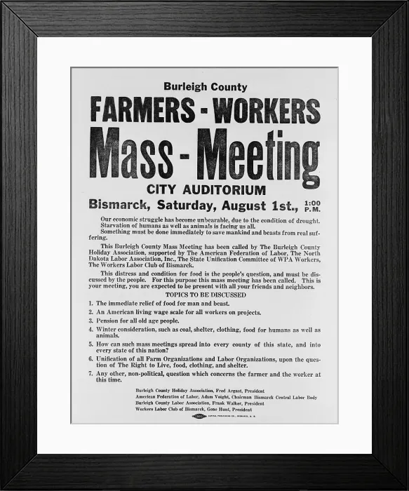 Framed Print : Announcement for a 1937 Farmers Mass meeting sponsored by organized labor, listed demands for relief, wages and pensions