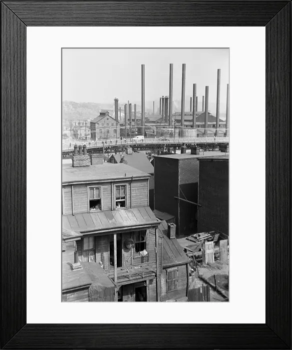 Framed Print : Slum housing near the steel mills of Pittsburgh, Pennsylvania. During the 1930s, the steelworkers unionized, but in the 1930's Pittsburgh producers were losing market share Framed Print : Slum housing near the steel mills of Pittsburgh, Pennsylvania. During the 1930s, the steelworkers unionized, but in the 1930's Pittsburgh producers were losing market share
