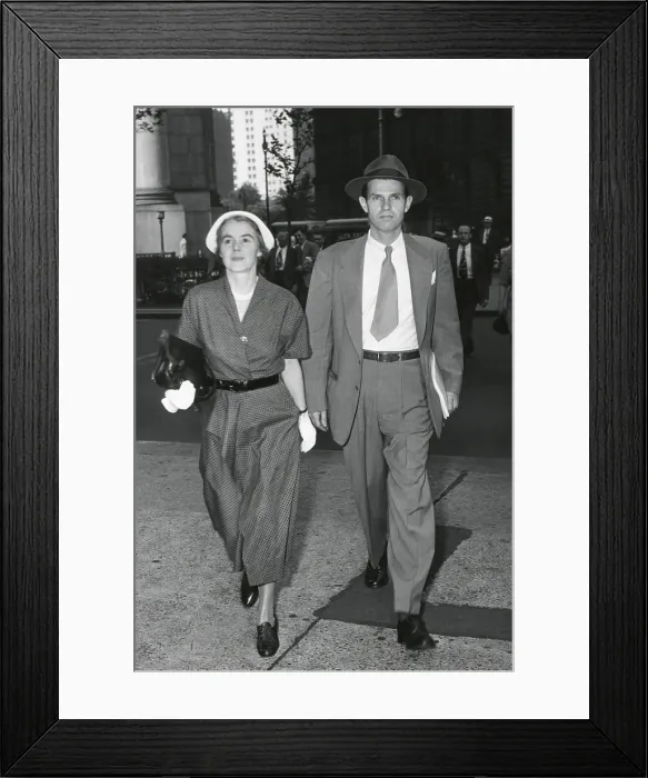 Framed Print : Mr. and Mrs. Alger Hiss arrive at Federal Court, NYC on July 6, 1949. The jury was deadlocked and Hiss was released on $5, 000 bail and would face a second trial Framed Print : Mr. and Mrs. Alger Hiss arrive at Federal Court, NYC on July 6, 1949. The jury was deadlocked and Hiss was released on $5, 000 bail and would face a second trial