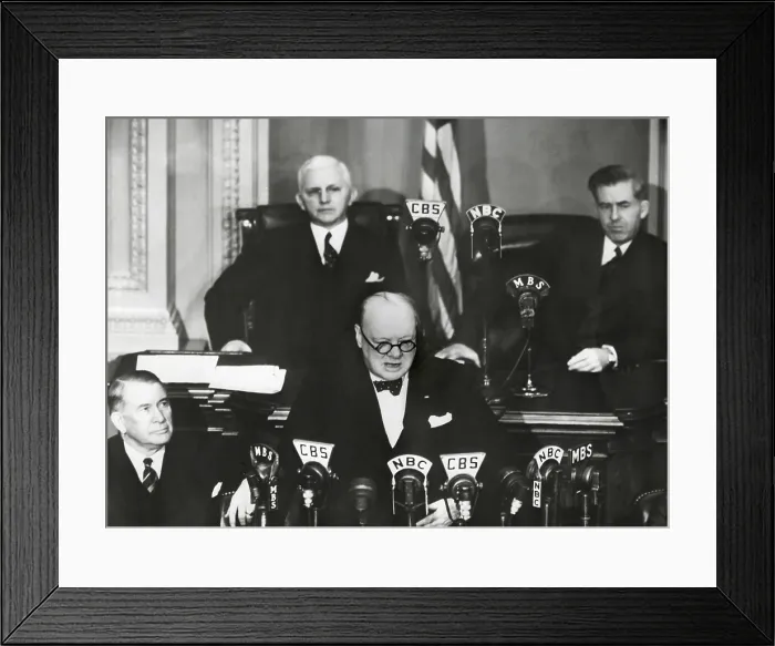 Framed Print : Prime Minister Winston Churchill speaking to a joint session of Congress, Dec. 26, 1941. Less than 3 weeks after the Japanese Attack on Pearl Harbor, Churchill visited the U.S Framed Print : Prime Minister Winston Churchill speaking to a joint session of Congress, Dec. 26, 1941. Less than 3 weeks after the Japanese Attack on Pearl Harbor, Churchill visited the U.S
