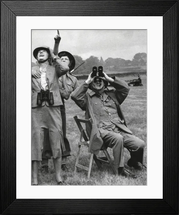 Framed Print : Prime Minister and Mrs. Churchill watching a fighter intercept a German buzz bomb overhead Framed Print : Prime Minister and Mrs. Churchill watching a fighter intercept a German buzz bomb overhead