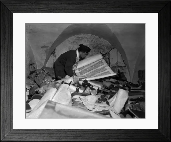 Framed Print : US Army Jewish Chaplain examines torahs stolen by Nazis. July 6, 1945 Framed Print : US Army Jewish Chaplain examines torahs stolen by Nazis. July 6, 1945