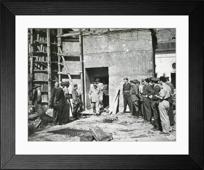 Framed Print : Premier Winston Church emerging from the Reich Chancellery, March 20, 1945. This was the underground Berlin bunker in which Hitler and Eva Braun committed suicide