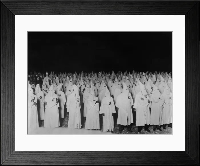 Framed Print : Nocturnal gathering of robed and hooded Ku Klux Klan men in 1921-1922. Photo by National Photo Company and was likely taken within 100 miles of Washington, D.C