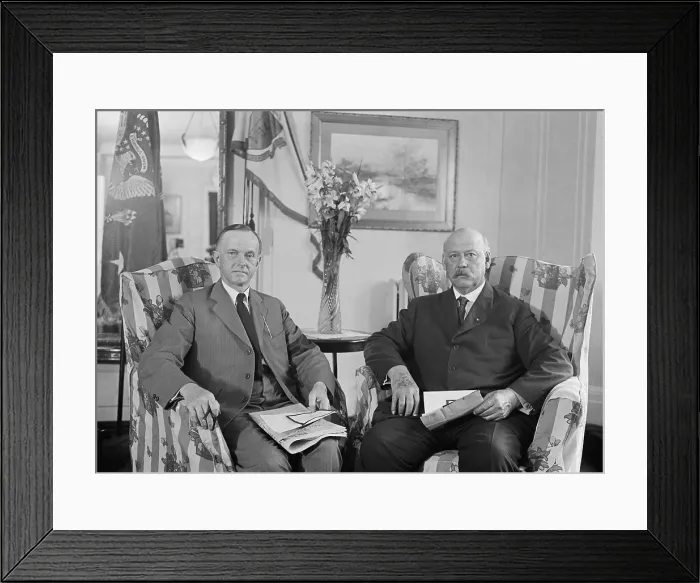 Framed Print : President Calvin Coolidge meeting with Secretary of War, John Weeks, on August 3, 1923. They met in the Coolidge family residence at the Willard Hotel