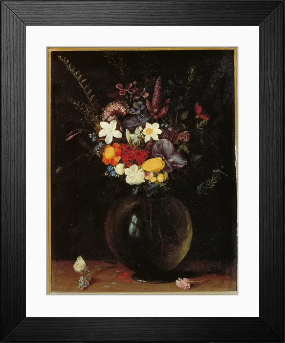 Framed Print : Vase of Flowers, by probably Jan Bruegel known as Bruegel the Elder, 1590 - 1600 about, 16th Century, oil on copper, cm 28 x 21 - Italy, Lazio, Rome, Borghese Gallery. All